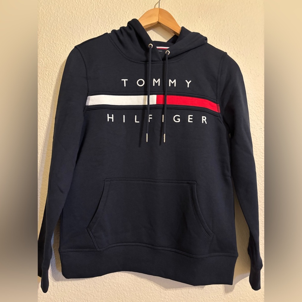 Tommy Hilfiger Navy Hoodie with White and Red Chest Stripe